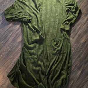 Boho Style Open Front Maxi Green & Black Ribbed Cardigan w/ Pockets SIZE XXL